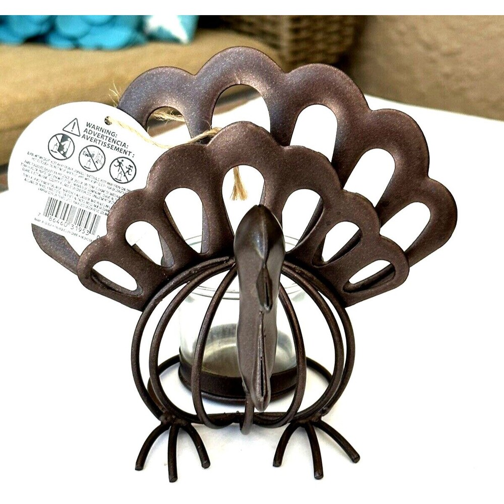 NEW Brown Metal Thanksgiving Turkey with Clear Votive Candle Holder Fall Autumn